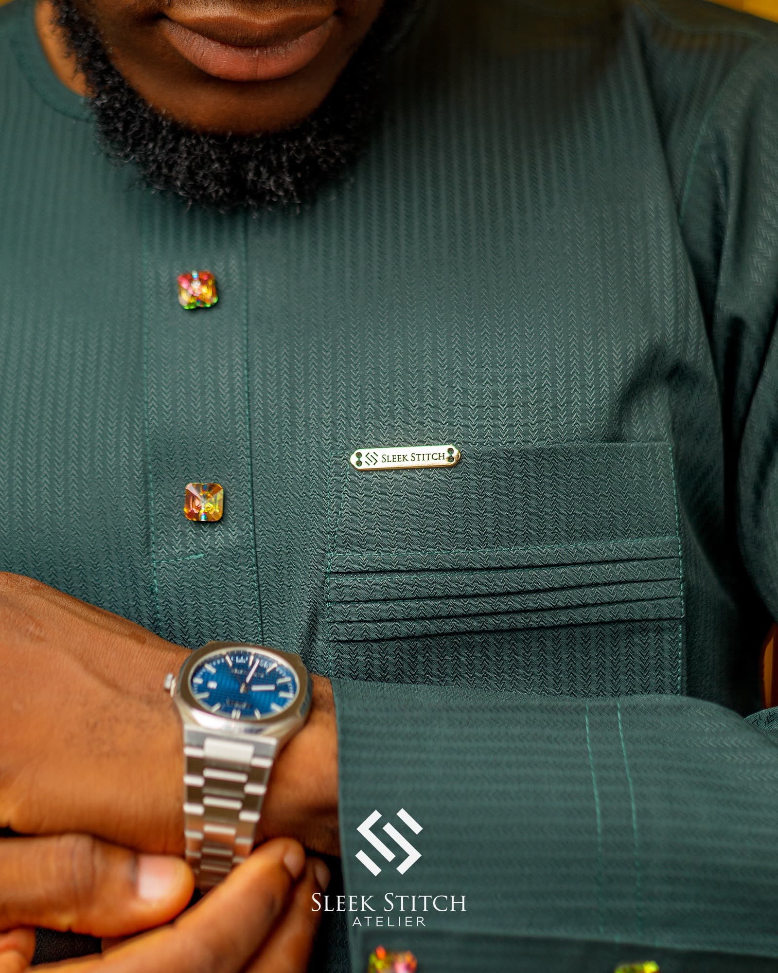 Close-up of Sleek Stitch Atelier tailoring and signature details